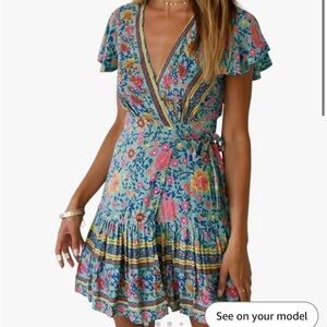 Wrap V Neck Bohemian Floral Print Ruffle Swing A Line Beach Mini Dress